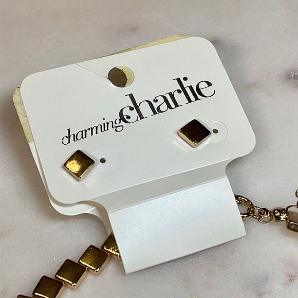 Charming Charlie | Matching Gold Tone Square Beaded Necklace and Earrings - Picture 3 of 5